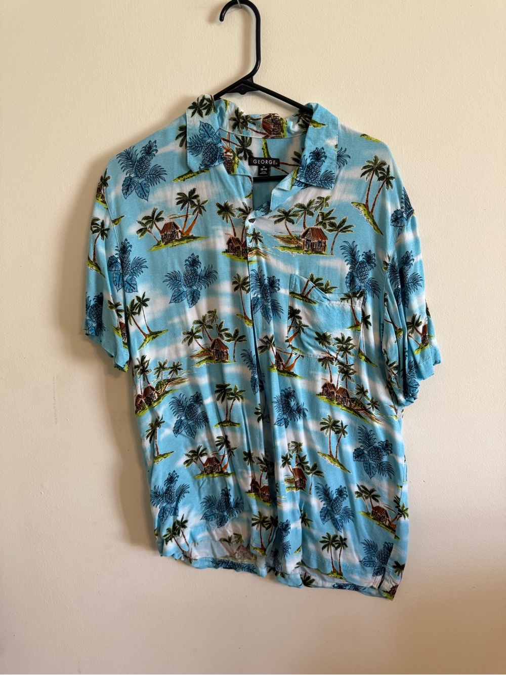George Blue Tropical Print Short Sleeve Button-Down Shirt